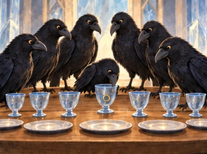 Exactly seven ravens around table; smallest peers at ring in cup.