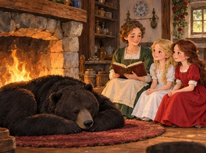Black bear rests by hearth while mother reads and sisters listen.