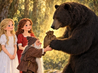 Little man returns jewel bag to black bear as gentle golden glow appears.