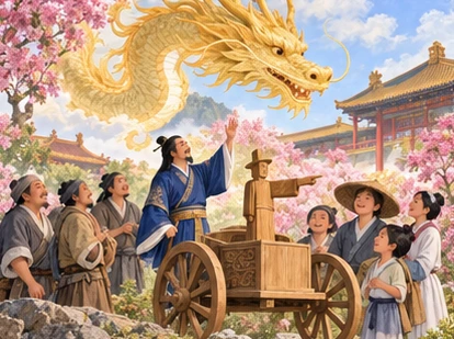 Gentle golden dragon above palace garden, Kotei on ground beside south-pointing carriage and smiling people.