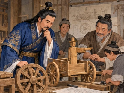 Kotei examining wooden wheels and carriage model on workshop bench with craftspeople.