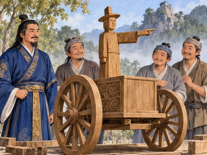 Complete two-wheel wooden carriage with upright carved figure pointing one arm, Kotei craftspeople observe.