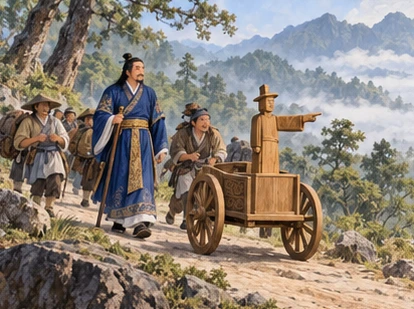 Carriage on winding path, consistent pointing wooden arm while travellers follow with bundles.