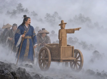 Group close beside south-pointing carriage in soft dense fog, clear foreground safe path.