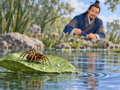 Close foreground spider on floating leaf in calm pond, Kotei watching from bank.