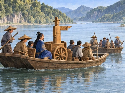Broad stable wooden boats crossing calm section of river, seated travellers, carriage transported safely.