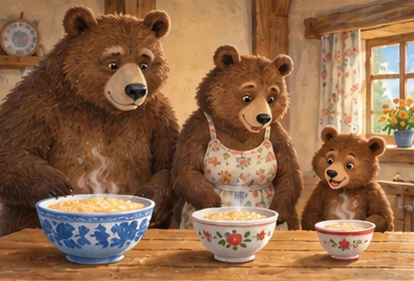 Three differently sized brown bears stand beside three porridge bowls in cottage.