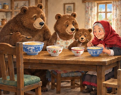 Visitor and three bears share porridge with a separate fourth bowl and chair.