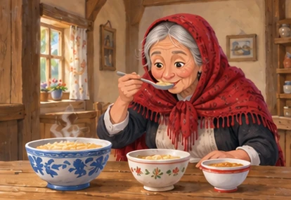 Red-shawled visitor tastes porridge from three size-ordered bowls.