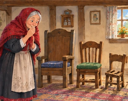 Old woman looks surprised at cracked small chair beside two intact larger chairs.