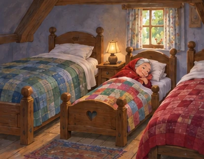 Visitor sleeps in smallest bed beside two larger beds upstairs.