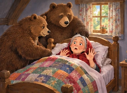 Three bears gently wake visitor in smallest bed; she looks startled.