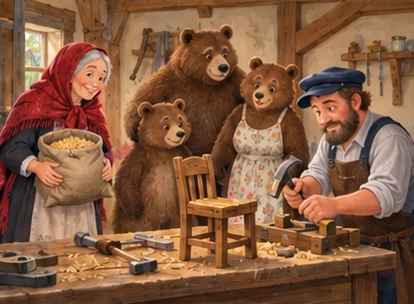 Carpenter repairs smallest chair as red-shawled visitor brings oats to bears.
