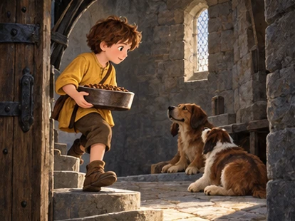 Boy carefully enters old stone tower carrying a food bowl for waiting dogs.