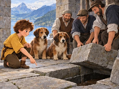Boy points to tower floor while calm dogs watch villagers lift a stone slab.