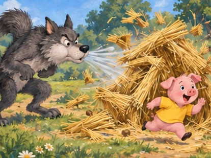 Grey wolf blows straw house apart while yellow-shirt pig runs safely away.
