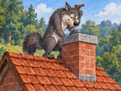 Wolf sees securely covered chimney and climbs safely down from brick roof.