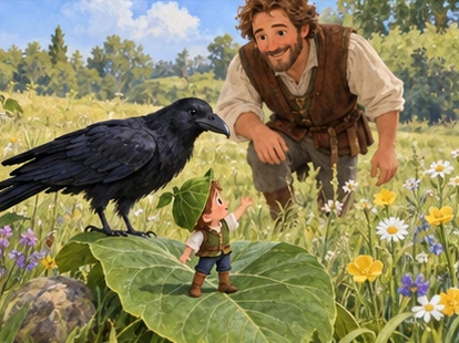 Tiny Tom stands on broad leaf while father and friendly raven approach.