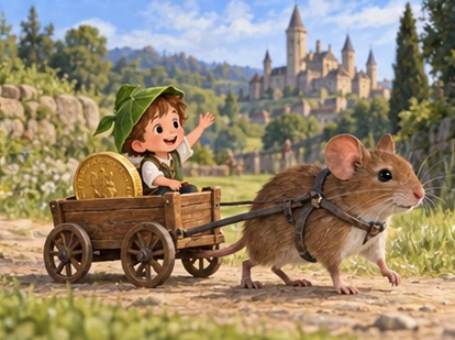 Tiny Tom rides miniature cart carrying coin pulled safely by one mouse.