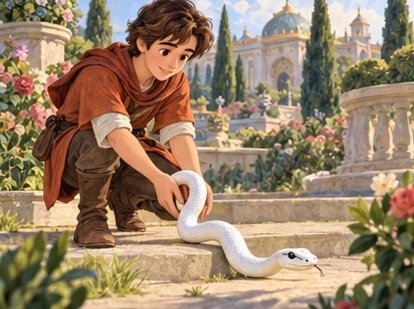 Rust-tunic young man gently releases a living white snake into palace garden.