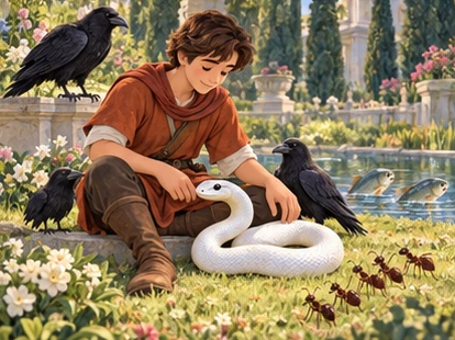 Traveller kneels in peaceful garden beside living white snake and birds.