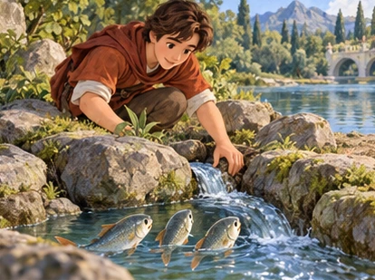 Traveller opens small water channel connecting three trapped fish to deeper pond.