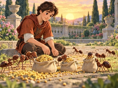 Ants gather millet into small sacks beside traveller in palace garden at dawn.