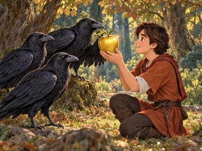 Three grown ravens offer traveller one golden apple beneath a woodland tree.