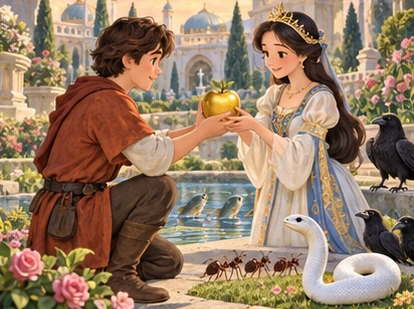 Traveller presents golden apple to princess with fish pond ants and ravens nearby.
