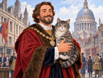 Older Dick in civic robe holds same grey tabby before London buildings.