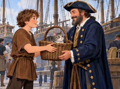 Dick hands grey tabby in safe basket to captain at London dock.
