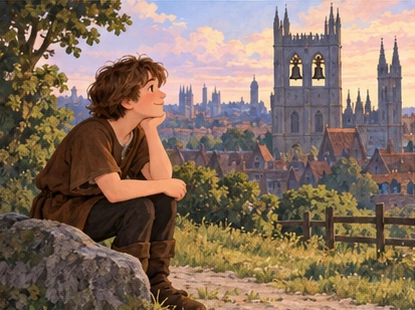 Dick listens to distant church bells beside stone on London outskirts.