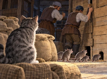 Tabby watches departing mice as harbour workers repair storeroom gaps.