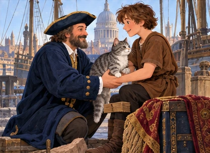 Captain reunites Dick with grey tabby beside gift chest at London dock.